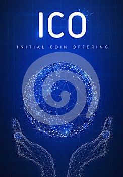 ICO initial coin offering futuristic hud banner with globe in ha