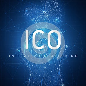 ICO initial coin offering hud banner with hands and butterfly