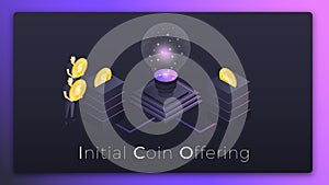 ICO. Initial Coin Offering isometric illustration. People investing money in startup ICO tokens