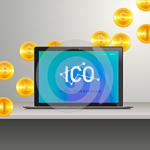 ICO, Laptop with abstract ICO interface on screen. Initial coin offering concept, vector illustartion.