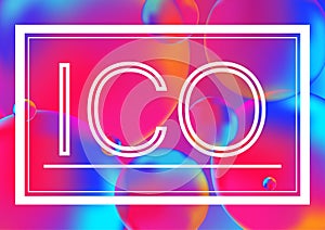 ICO letters concept vector illustration on Neon color balls background with white frame. Abstract colorful 3D.