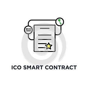 ico smart contract or audited digital agreement involving ones and zeros and key icon, symbol of blockchain and cryptocurrency of