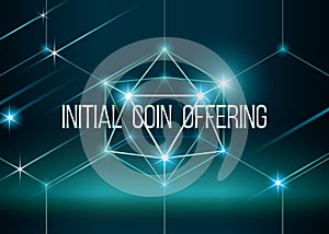 ICO vector illustration with glowing background. Initial coin offering in 3D hexahedron with glow. Futuristic and
