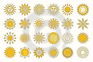 A collection of sun icons with diverse designs arranged in five rows.