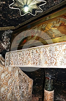 Icon above the manger of Christ at the place of his birth. Holy Church of the Nativity Bethlehem, Palestine, Israel. The church