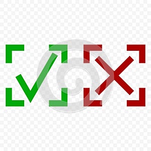 Icon of acceptance and rejection. Tick and cross symbol in square frame on transparent background. Isolated vector