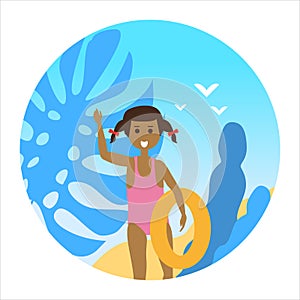 Icon activty on ocean sea summer little girl with a rubber ring. Vacation trip holiday beach , surf, palms, flora photo