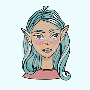 icon avatar girl elf with blue hair, unusual girl