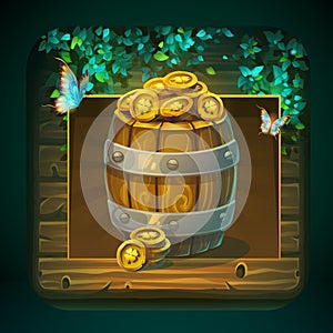 Icon barrel with gold coins for game user interface