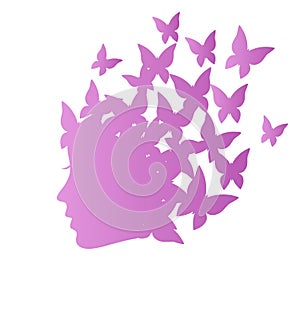 Icon with beauty woman profile with butterflies on grayscale