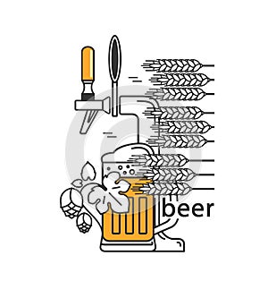 Icon with beer mug, wheat and hops, beer tap.  Brewery logo, craft beer label, alcohol shop, pub sign