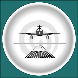 Icon black landing plane on white plate blue grey background.