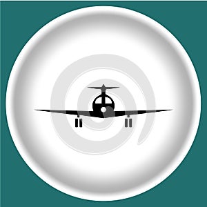 Icon black plane on white plate blue grey background.