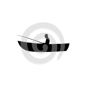 Icon of black sign boat and fisherman. Vector illustration eps 10