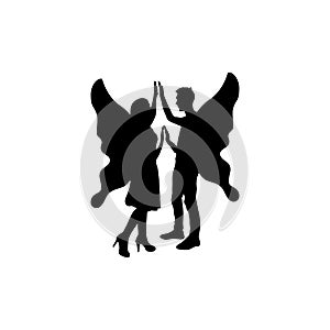 Icon black silhouette of abstract couple dancing man and woman with butterfly wings