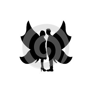 Icon black silhouette of abstract couple man and woman with butterfly wings