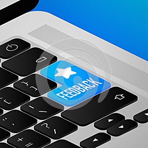 Icon with blue feedback 3D button on white background for web marketing design. Flat deign. Social media element. White