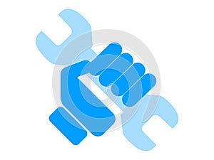 Icon, Blue hand holding a tool, wrench on white background