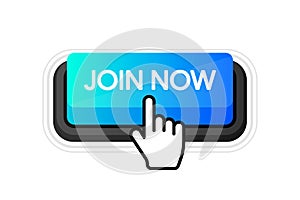 Icon with blue join now 3D button on white background for web marketing design. Flat deign. Social media element. White