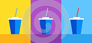 Icon of Blue plastic cup with Coke or Ice Tea on Yellow, violet and blue background