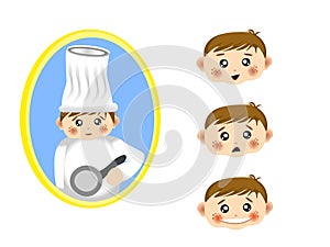 Icon of boy in chef man profession with package of various expressions in vector