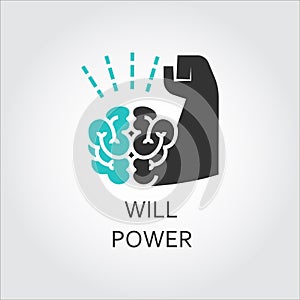 Icon of brain and muscle hand. Willpower concept