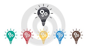 Icon of bulb with gears. Light of solution. Strategy and idea concept. Cogs in lightbulb are innovation of business. Lamp in line