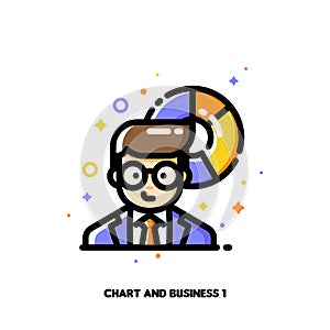 Icon of businessman on a background of chart for income and revenue increase concept. Flat filled outline style. Pixel perfect