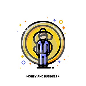 Icon of businessman on a background of money for budget planning and smart savings concept. Flat filled outline style