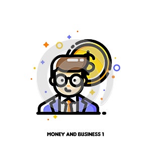 Icon of businessman on a background of money for income and revenue increase concept. Flat filled outline style. Pixel perfect