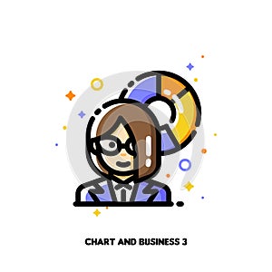 Icon of businesswoman on a background of chart for financial strategy and budget balance concept. Flat filled outline style