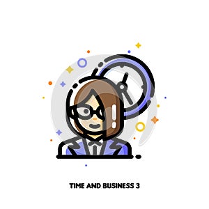 Icon of businesswoman on a background of clock for work time management concept. Flat filled outline style. Pixel perfect 64x64