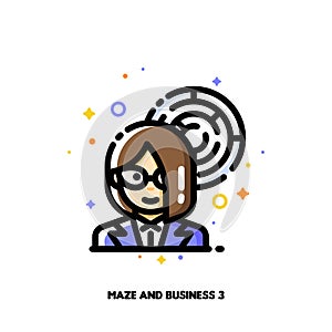 Icon of businesswoman and maze for problem solving or decision making concepts. Flat filled outline style. Pixel perfect 64x64