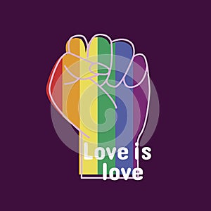 Icon, button, sticker with fist in lgbt colors and text Love is love