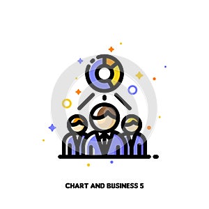 Icon of chart and three business persons for economic research or financial analysis concept. Flat filled outline style