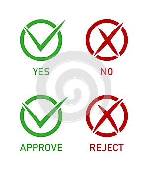 Icon of check. Mark of right or wrong. Checkmark of approve or true and reject. Correct tick in green circle. Cross in red circle