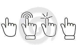 Icon click with your finger. Vector image, touch here. Hand push to the point. Stock Photo