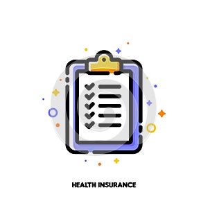 Icon of clipboard with checkmarks for health insurance claim form concept. Flat filled outline style. Pixel perfect 64x64