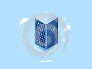 Icon of cloud storage technology, flat isometric server room rack, blockchain security concept, web hosting internet