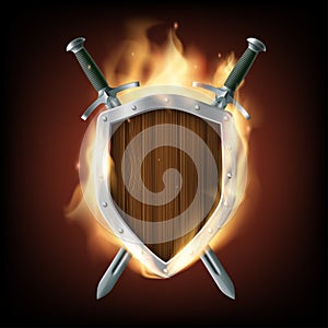Icon coat of arms, a wooden shield with swords on fire. Stock ve