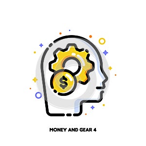 Icon of coin and gear for facilitating and streamlining digital transactions by artificial intelligence AI. Flat filled outline photo