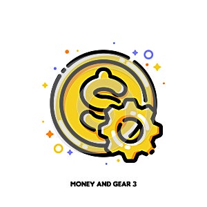 Icon of coin and gear for financial products and services provided by bank. Flat filled outline style. Pixel perfect 64x64