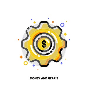 Icon of coin and gear for money managing and advisory services providing concept. Flat filled outline style. Pixel perfect 64x64