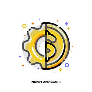 Icon of coin and gear for processes related to managing money and investments. Flat filled outline style. Pixel perfect 64x64