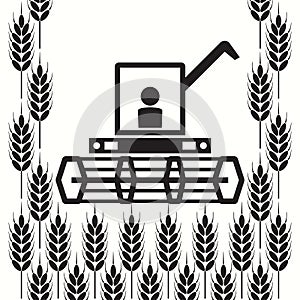 Icon of combine harvester and wheat ears, vector