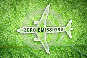 Icon of a commercial airplane with the words 'zero emissions' and a leaf texture in the background.