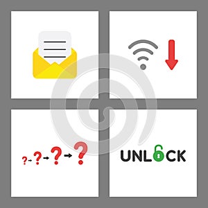 Icon concept set. Envelope with written paper, wifi low signal, question marks growing and unlock word with opened padlock