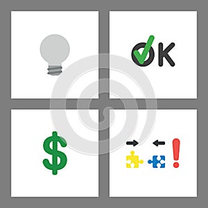 Icon concept set. Grey light bulb, ok with check mark, dollar symbol and incompatible puzzle pieces