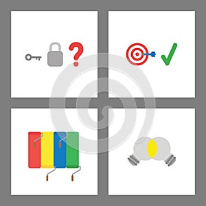 Icon concept set. Padlock without keyhole, bulls eye target success, painting wall, light bulb unite ideas