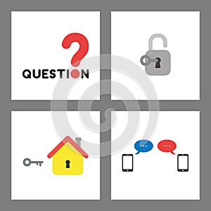 Icon concept set. Question word and mark, key unlock padlock, house with keyhole and key, smartphones and speech bubbles